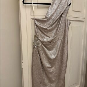 Eliza J Shimmering Silver One-Shoulder Dress